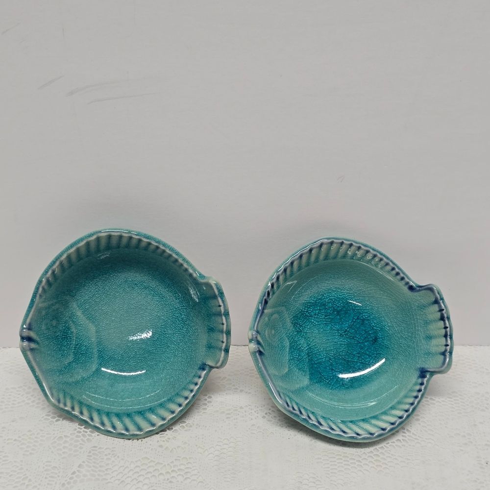 Vintage Asahi Japan Pottery Fish Blue Crackled Glaze Sushi Dip Sauce Dish Set